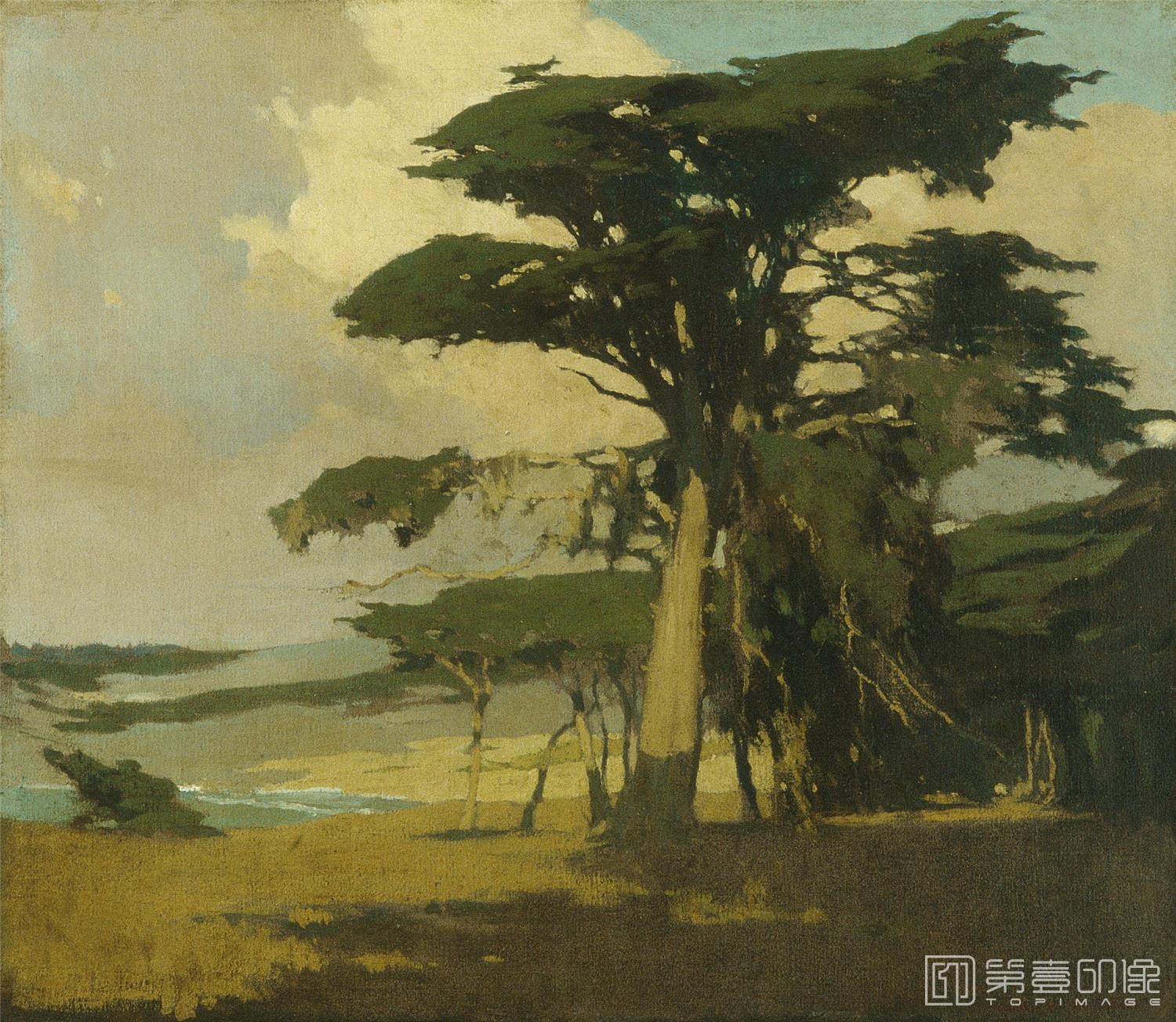 油画-美国纽约大都会美术馆油画藏画-Arthur Frank MathewsAfternoon among the Cypress-0146